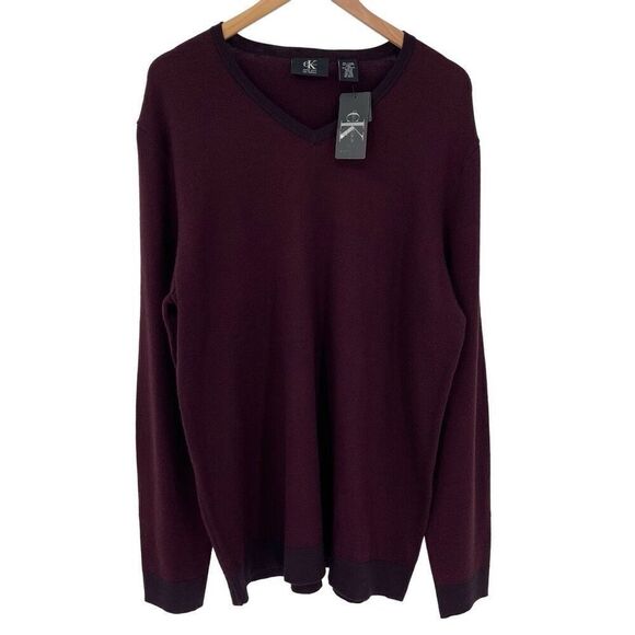 Calvin Klein Italian Yarn Merino Wool Acrylic V-Neck Sweater Maroon Men XL NEW - Picture 1 of 7
